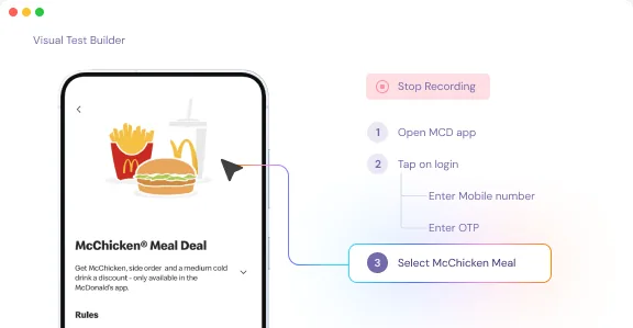 QPilot visual test builder recording steps by clicking through a mobile app