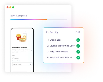 QPilot running a checkout test step by step on a real mobile device