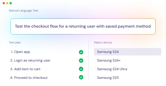 Natural language test plan in QPilot running on multiple Samsung devices