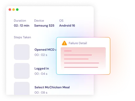 QPilot test report showing device, duration, steps taken and failure details
