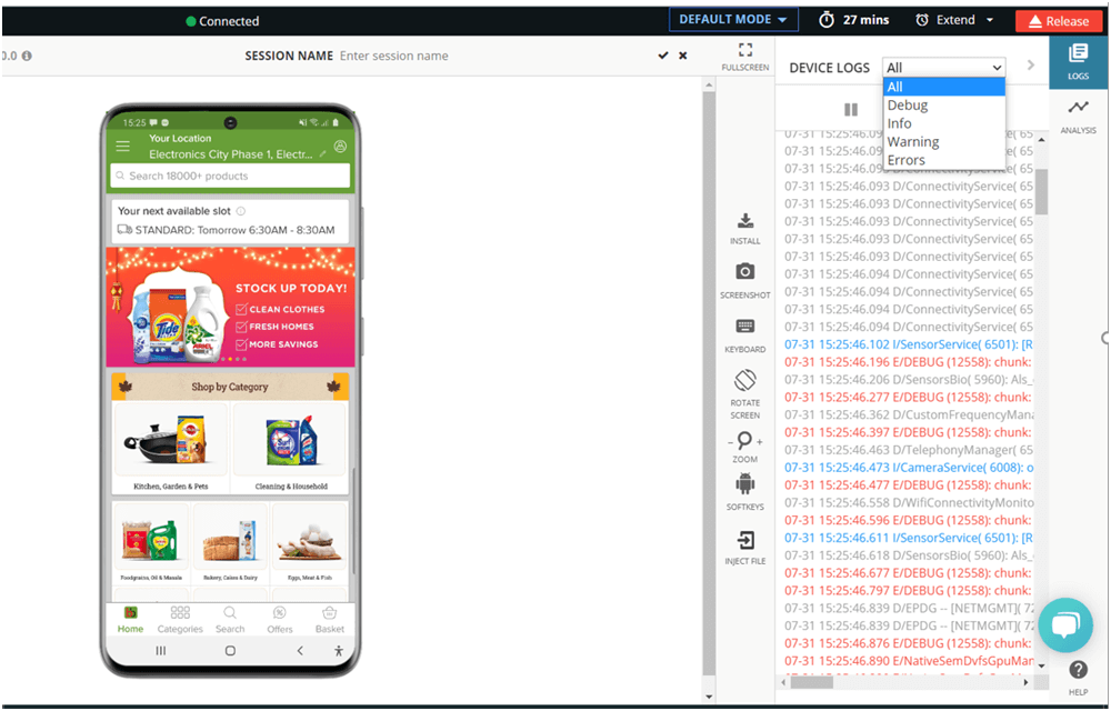 Device Log Filter Options