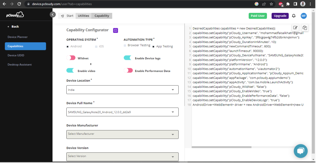 pcloudy capabilities generator screen